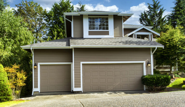 Garage door with lights on.