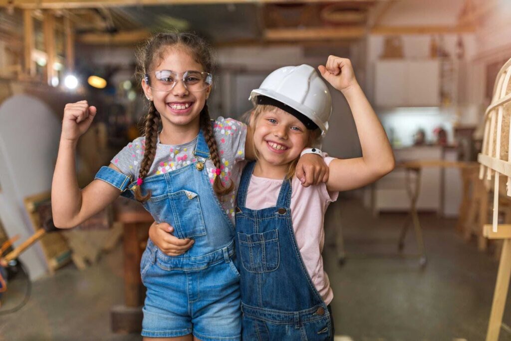 Kids playing in garage during summer.